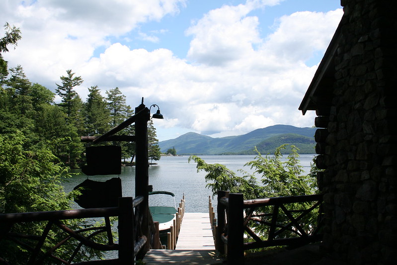 Looking down the dock towards Lake George at the Point Cabins, New York.