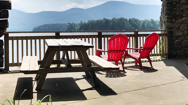 A sunny picnic table overlooking Lake George in Bolton Landing.