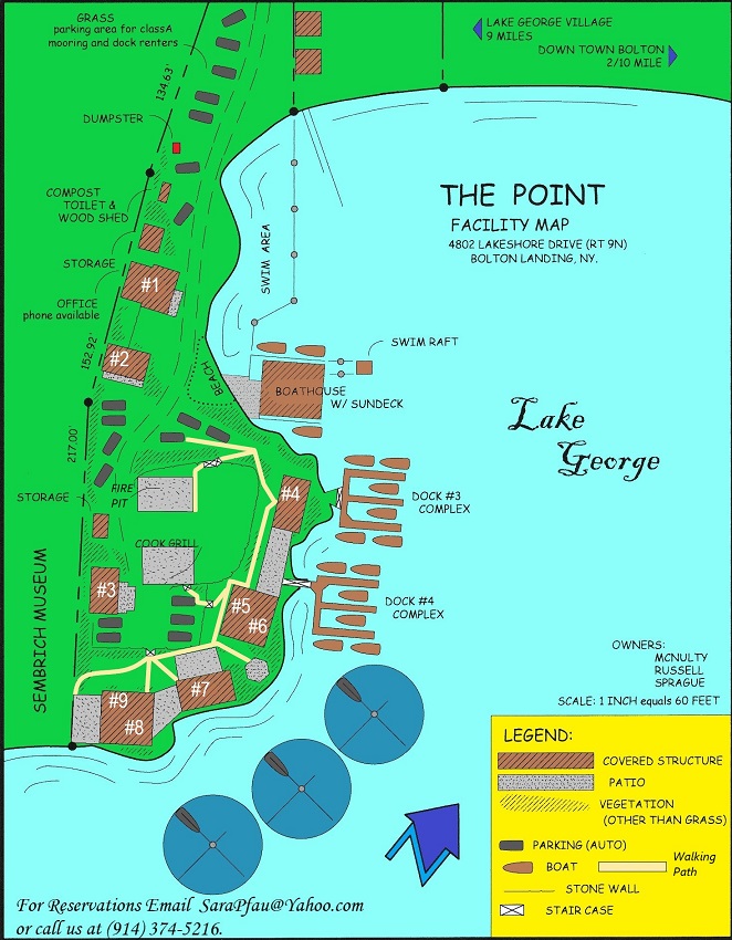 A map of the eight unique cabins at The Point in Bolton Landing Lake George, New York.